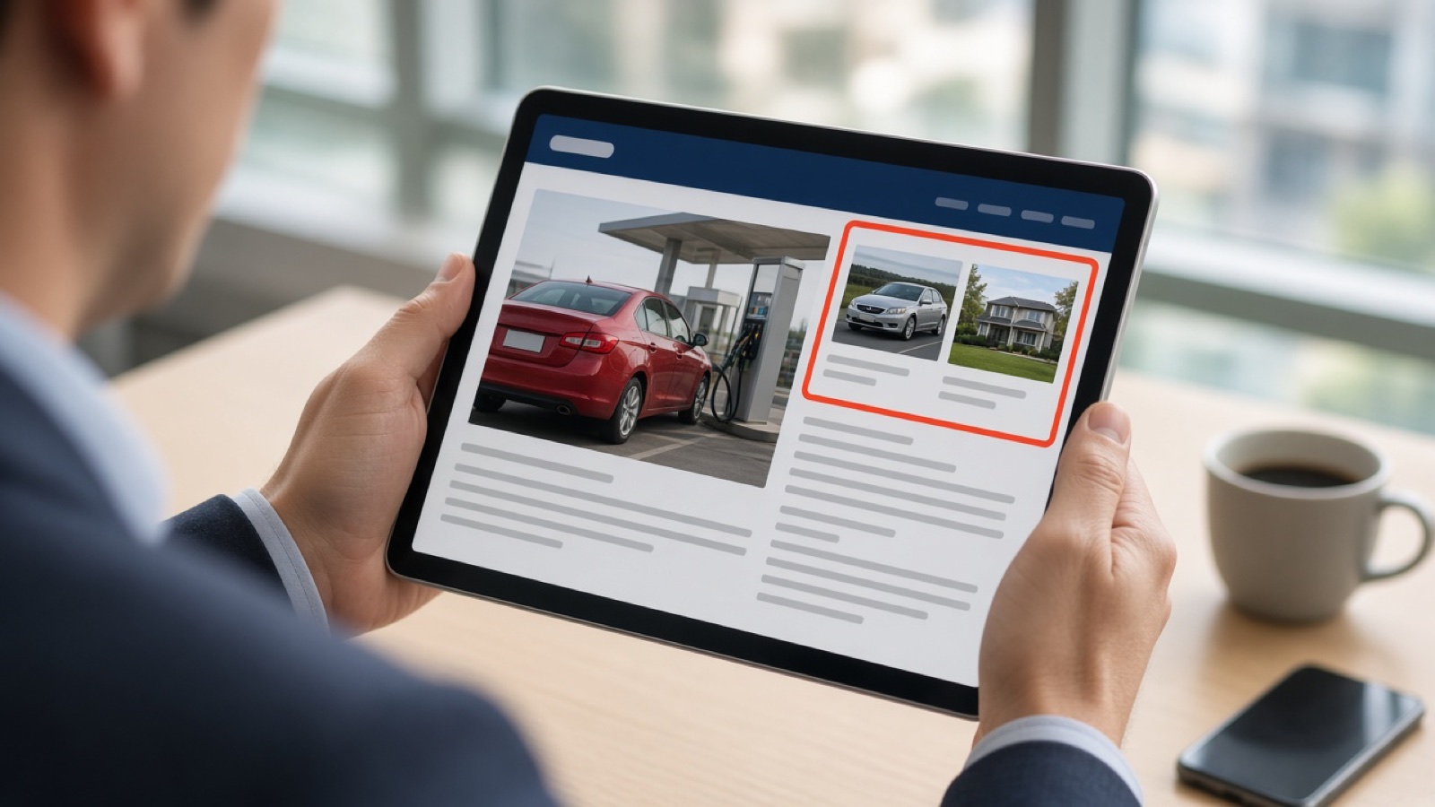 A reader holding a tablet showing a news homepage with the sponsored ad slot outlined in red